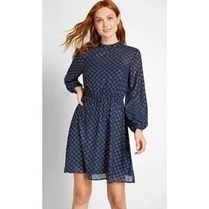 Modcloth Navy Dress SZ XL Gold rings print A-Line Modest Party Knee Length